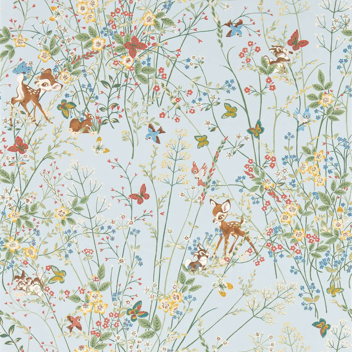 Pale sea-salt blue wallpaper with woodland animals, wildflowers and fine green stems