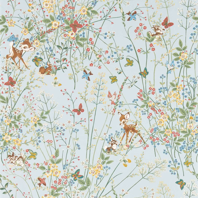 Pale sea-salt blue wallpaper with woodland animals, wildflowers and fine green stems