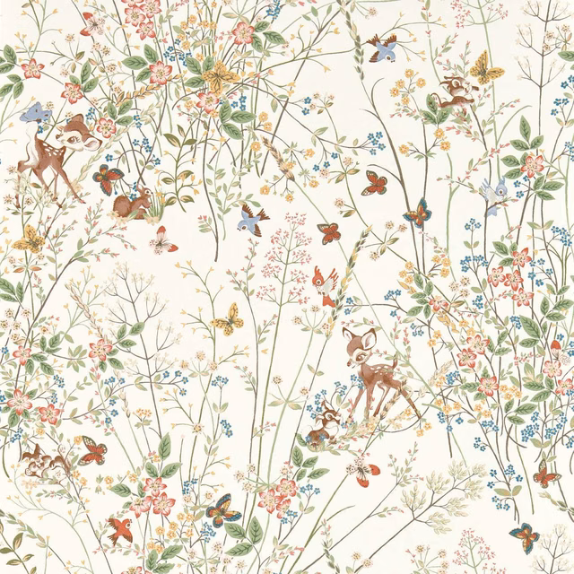 Warm cream wallpaper with deer, birds, butterflies and delicate botanical trails