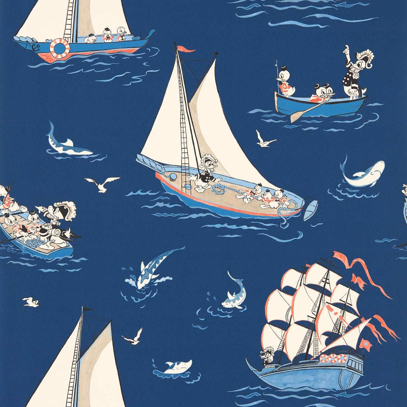 Deep navy wallpaper with cream-sailed Disney boats, pale waves and coral accents