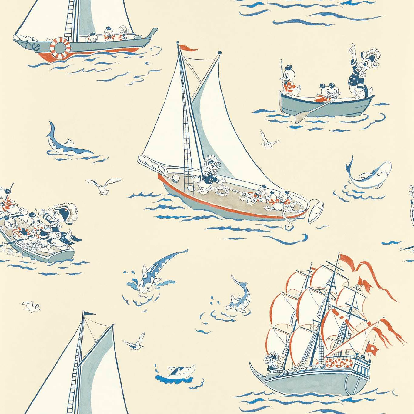 Warm sea-salt wallpaper with blue sailing boats, red accents and lively wave motifs