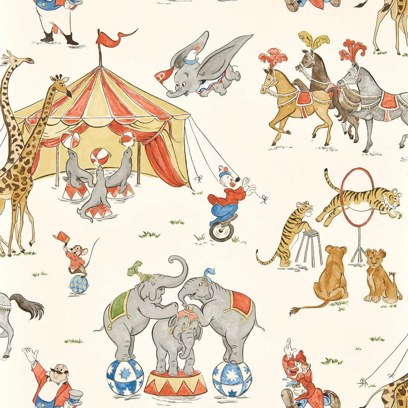 Warm cream circus wallpaper with elephants, giraffes, horses and a red-and-yellow tent
