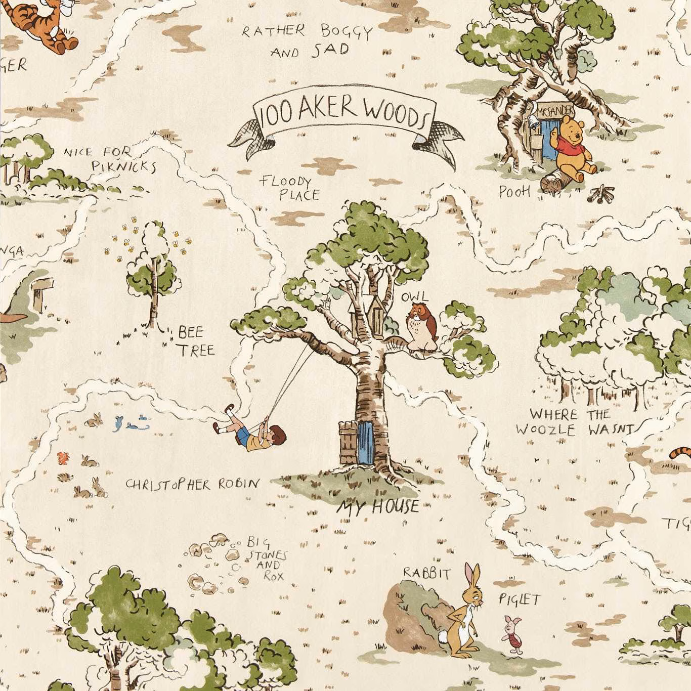 Warm cream Hundred Acre Wood scene with olive trees, Pooh and hand-drawn map lines