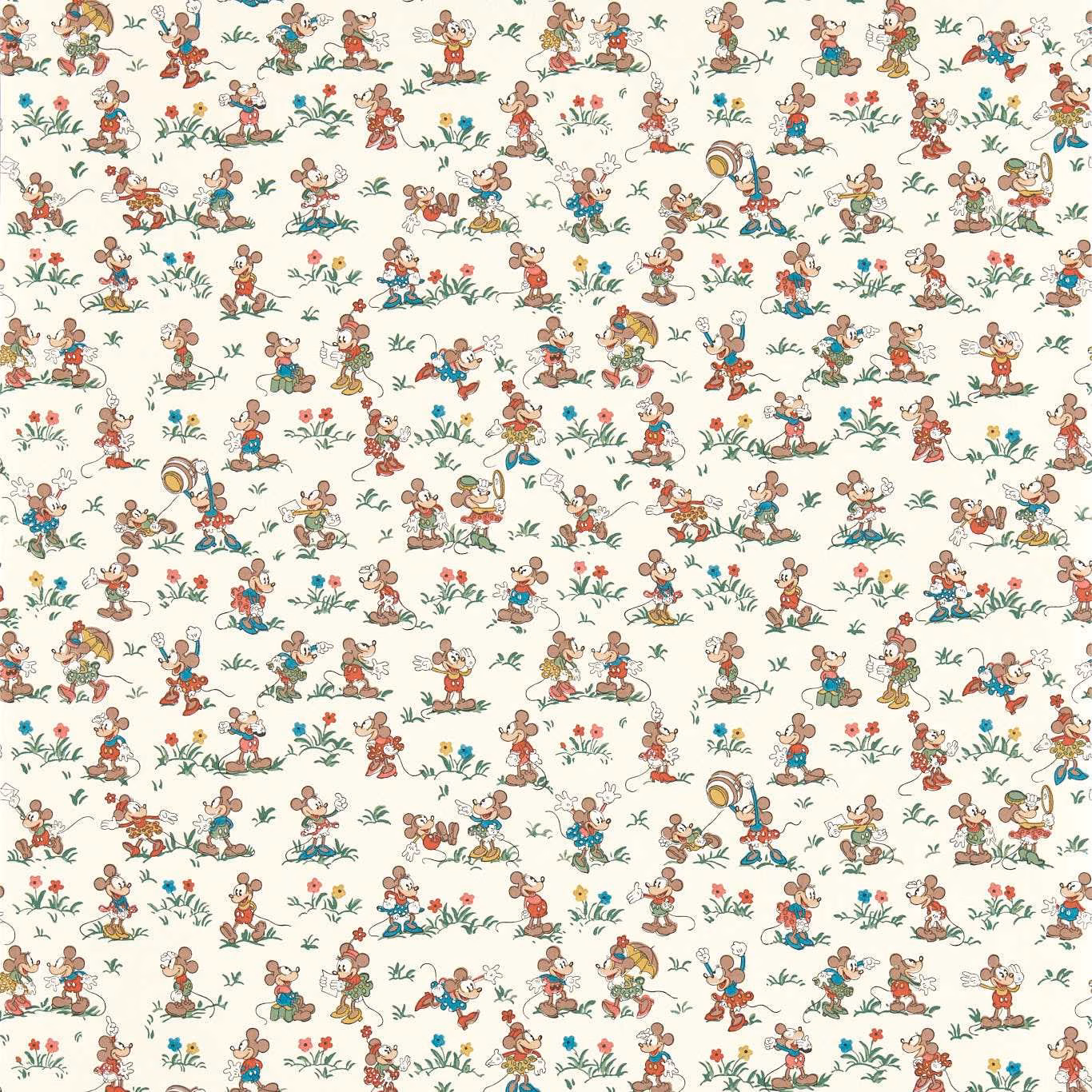 Cream wallpaper scattered with colourful Mickey and Minnie scenes, flowers and leafy motifs