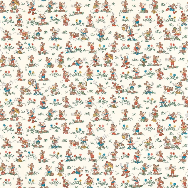 Cream wallpaper scattered with colourful Mickey and Minnie scenes, flowers and leafy motifs