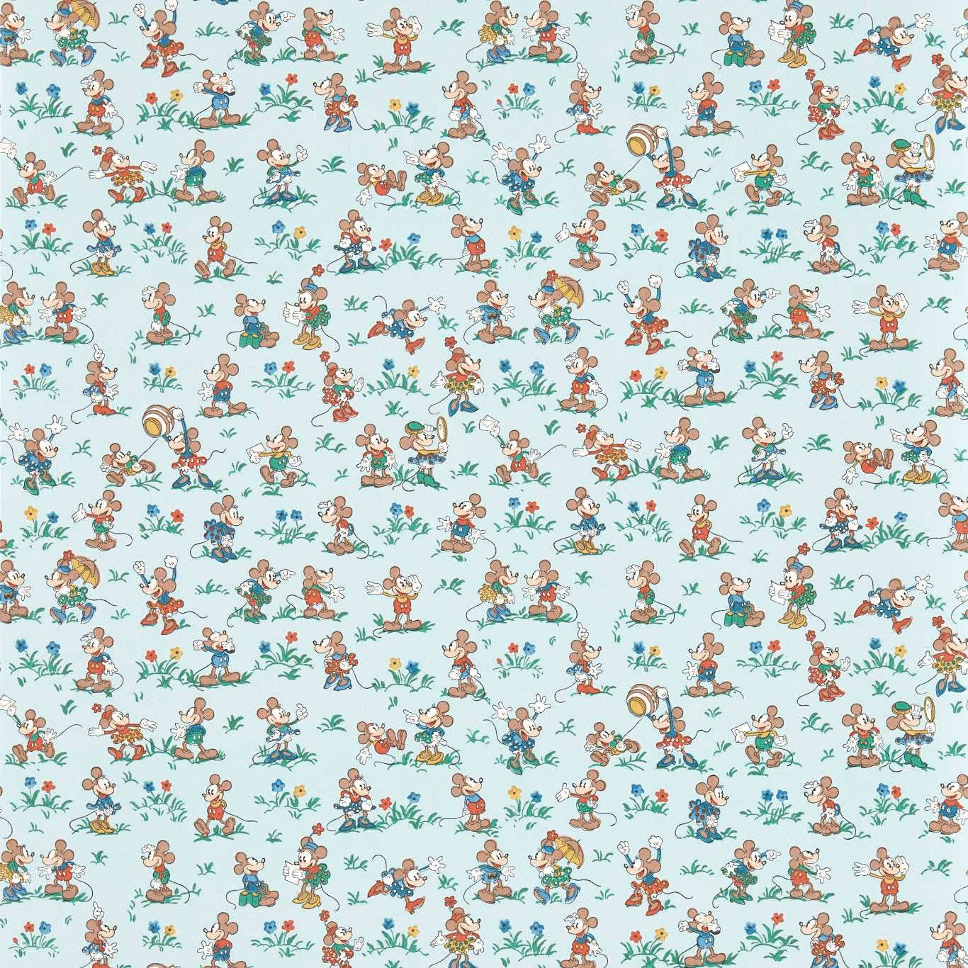 Pale aqua wallpaper with scattered Mickey and Minnie scenes, colourful florals and foliage