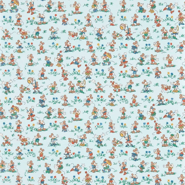 Pale aqua wallpaper with scattered Mickey and Minnie scenes, colourful florals and foliage