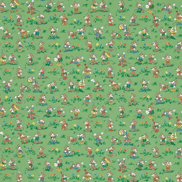 Bright gumball-green wallpaper scattered with Mickey and Minnie characters, flowers and grass