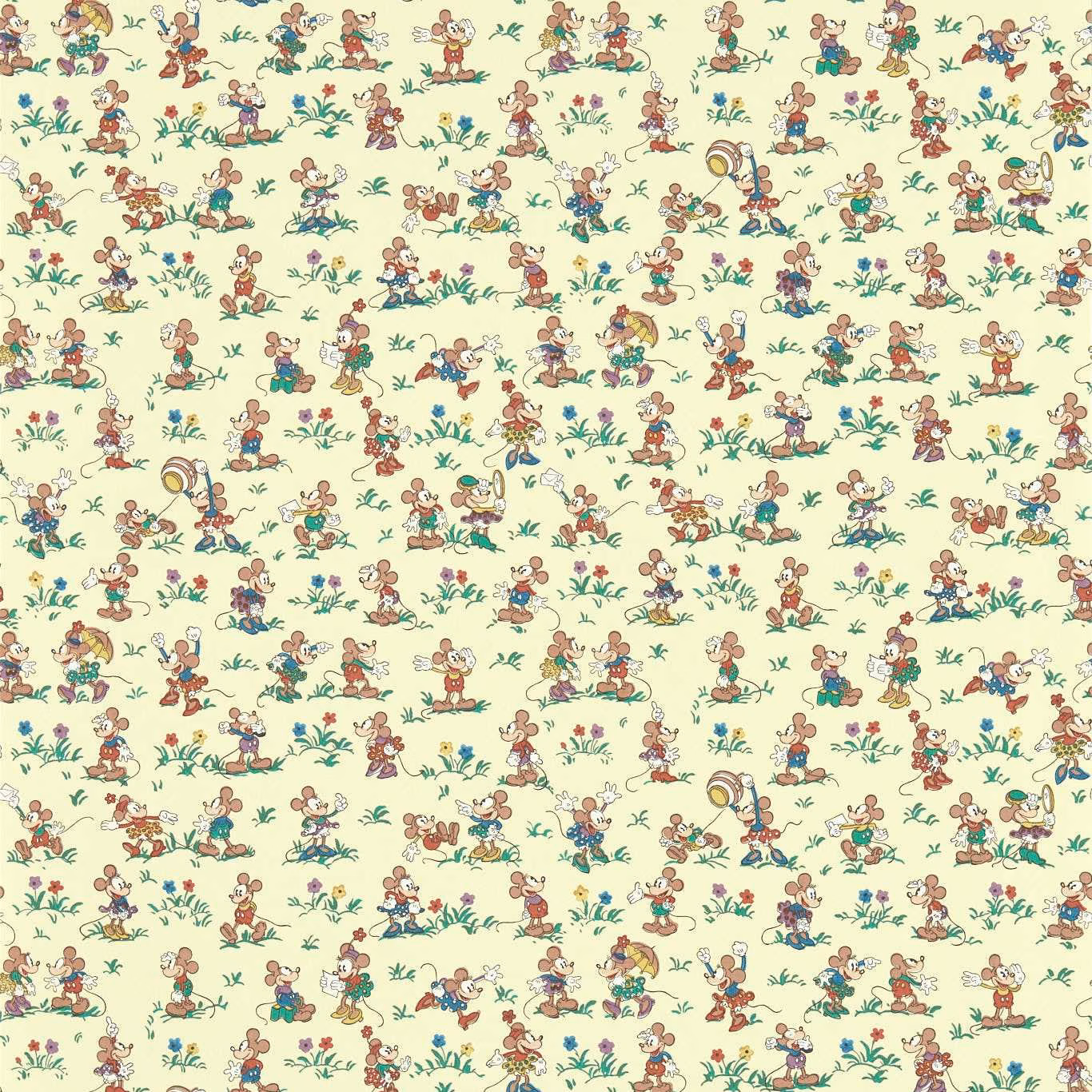 Warm cream wallpaper scattered with colourful Mickey and Minnie character scenes