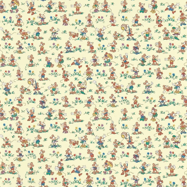 Warm cream wallpaper scattered with colourful Mickey and Minnie character scenes