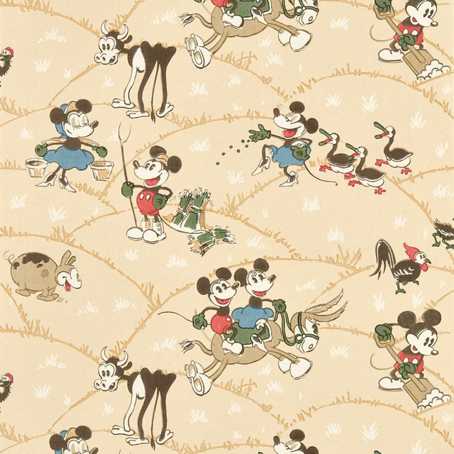 Butterscotch wallpaper with Mickey farm scenes, hay rows, ducks and cream field marks