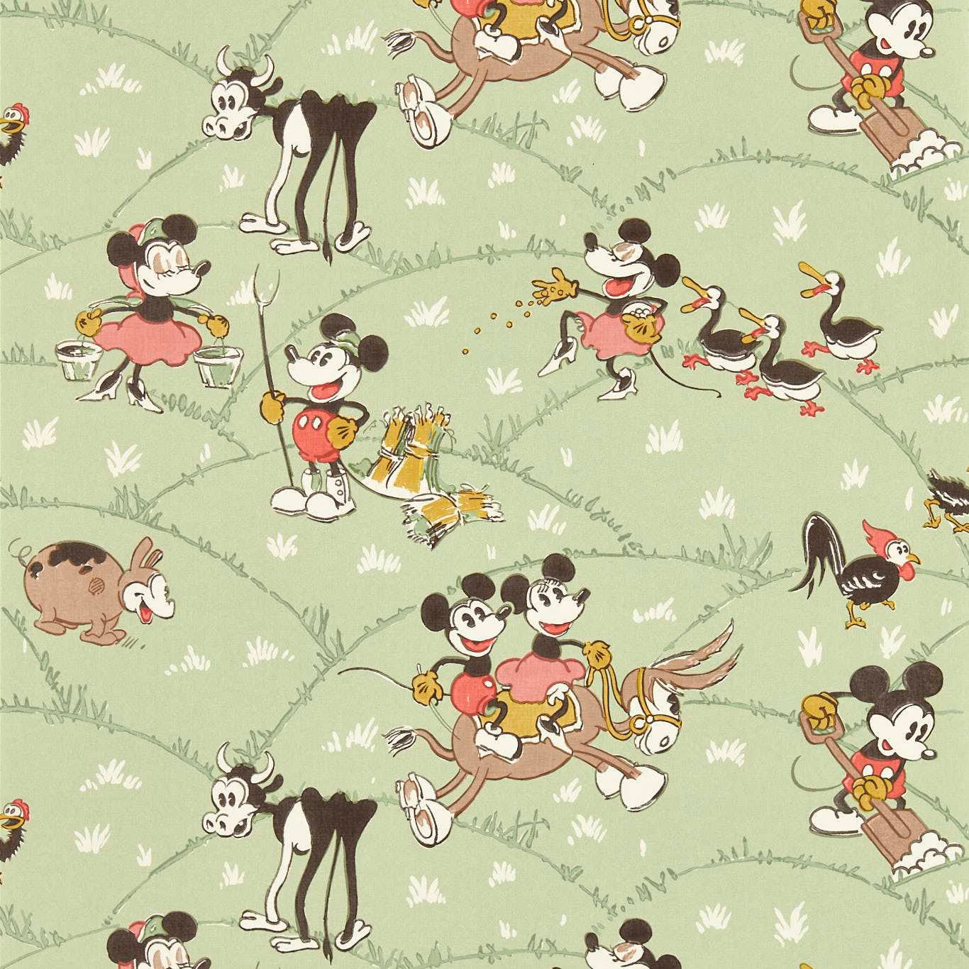 Macaron green farm scene wallpaper with Mickey, animals and white grass tufts
