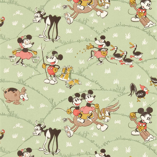 Macaron green farm scene wallpaper with Mickey, animals and white grass tufts