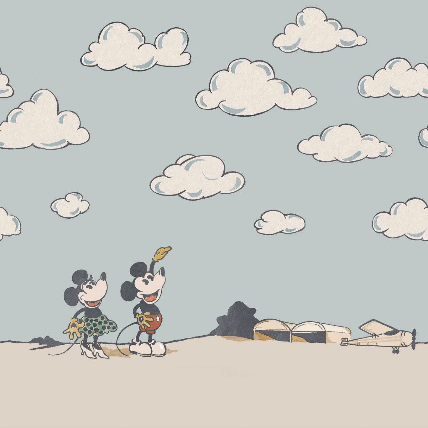 Sea Salt blue-grey wallpaper with Mickey and Minnie, clouds and a sandy beach scene