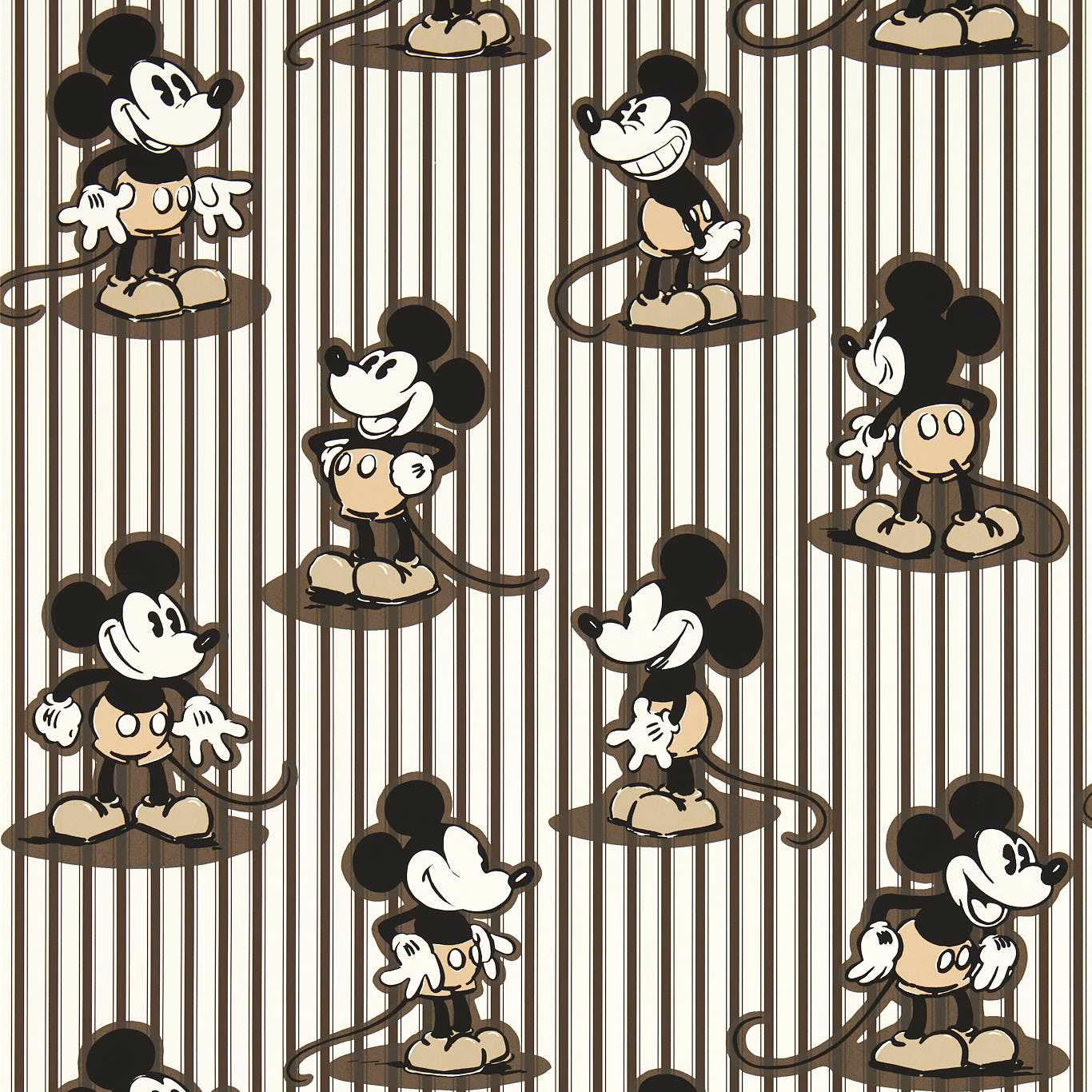 Cream striped wallpaper with sepia Mickey and Minnie figures on oval platforms