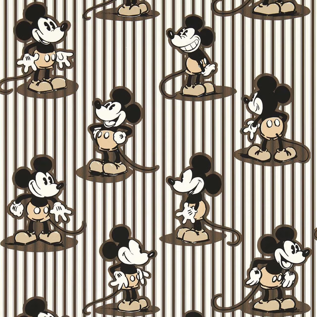 Cream striped wallpaper with sepia Mickey and Minnie figures on oval platforms