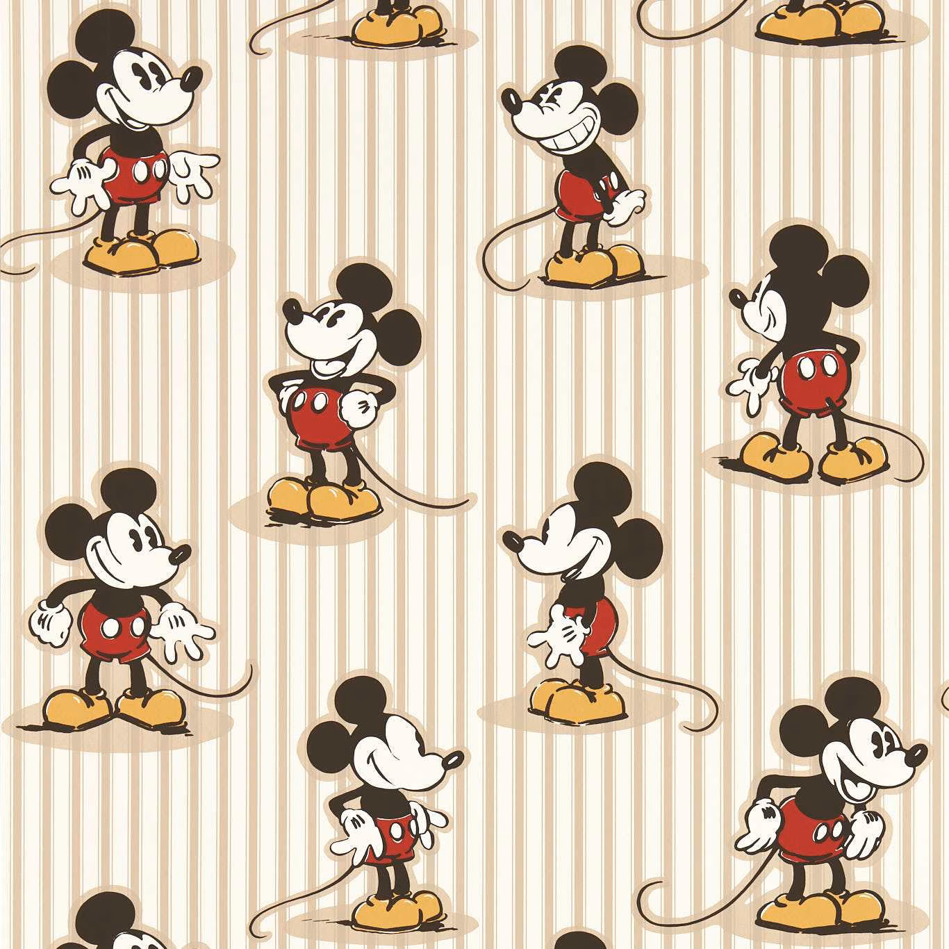 Warm peanut-beige striped wallpaper with repeated Mickey Mouse figures in red and yellow