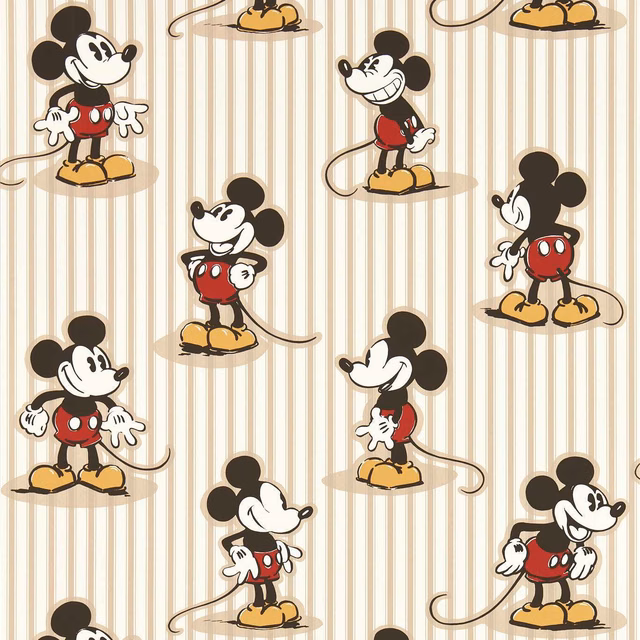 Warm peanut-beige striped wallpaper with repeated Mickey Mouse figures in red and yellow