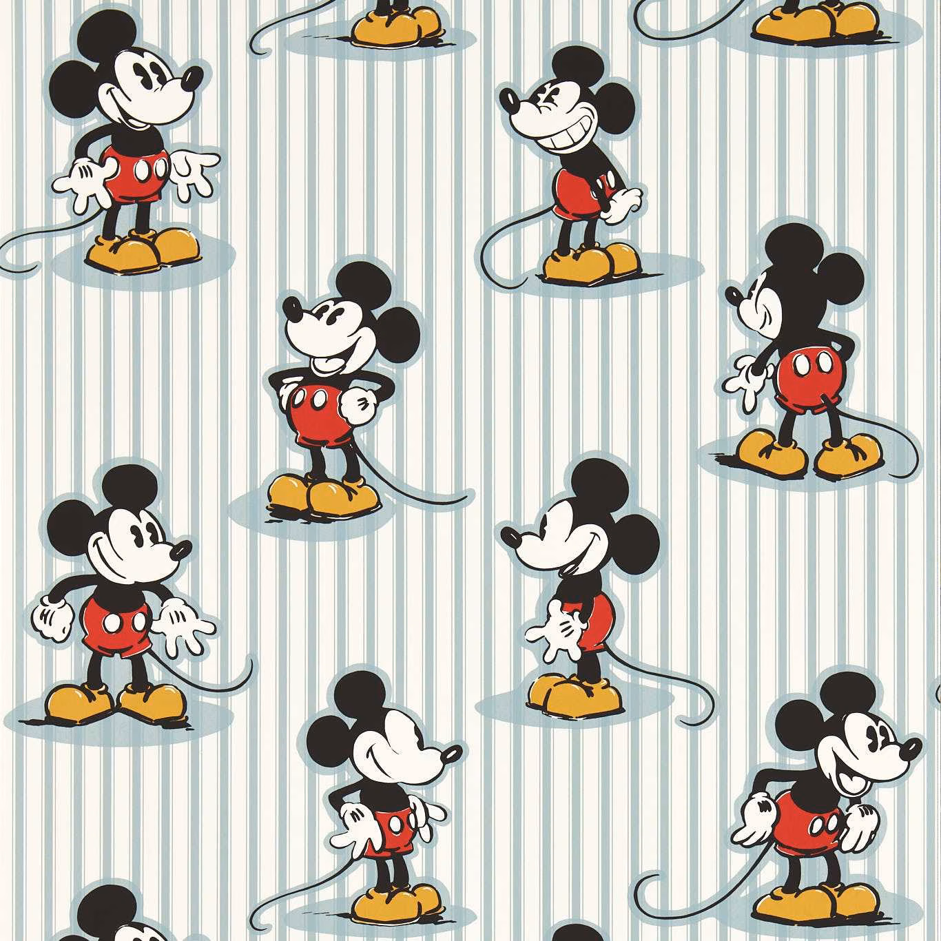 Cool sea salt striped wallpaper with red-and-yellow Mickey figures and black outlines