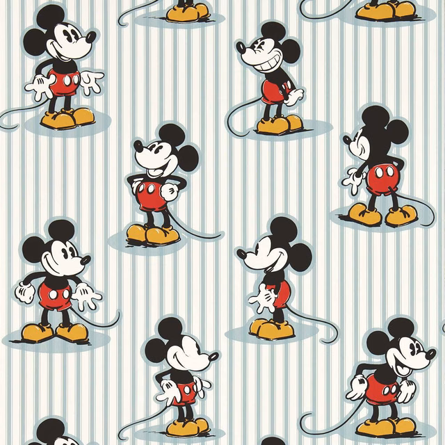 Cool sea salt striped wallpaper with red-and-yellow Mickey figures and black outlines