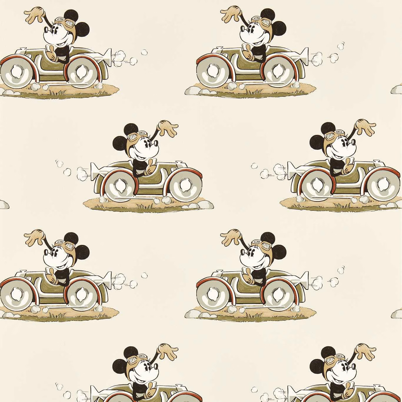 Warm ivory wallpaper with repeated Mickey roadster scenes, red wheels, olive details and floating bubbles