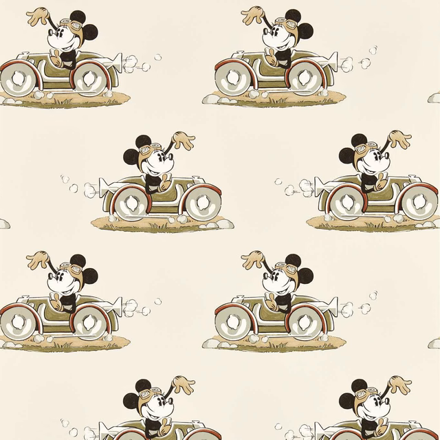 Warm ivory wallpaper with repeated Mickey roadster scenes, red wheels, olive details and floating bubbles