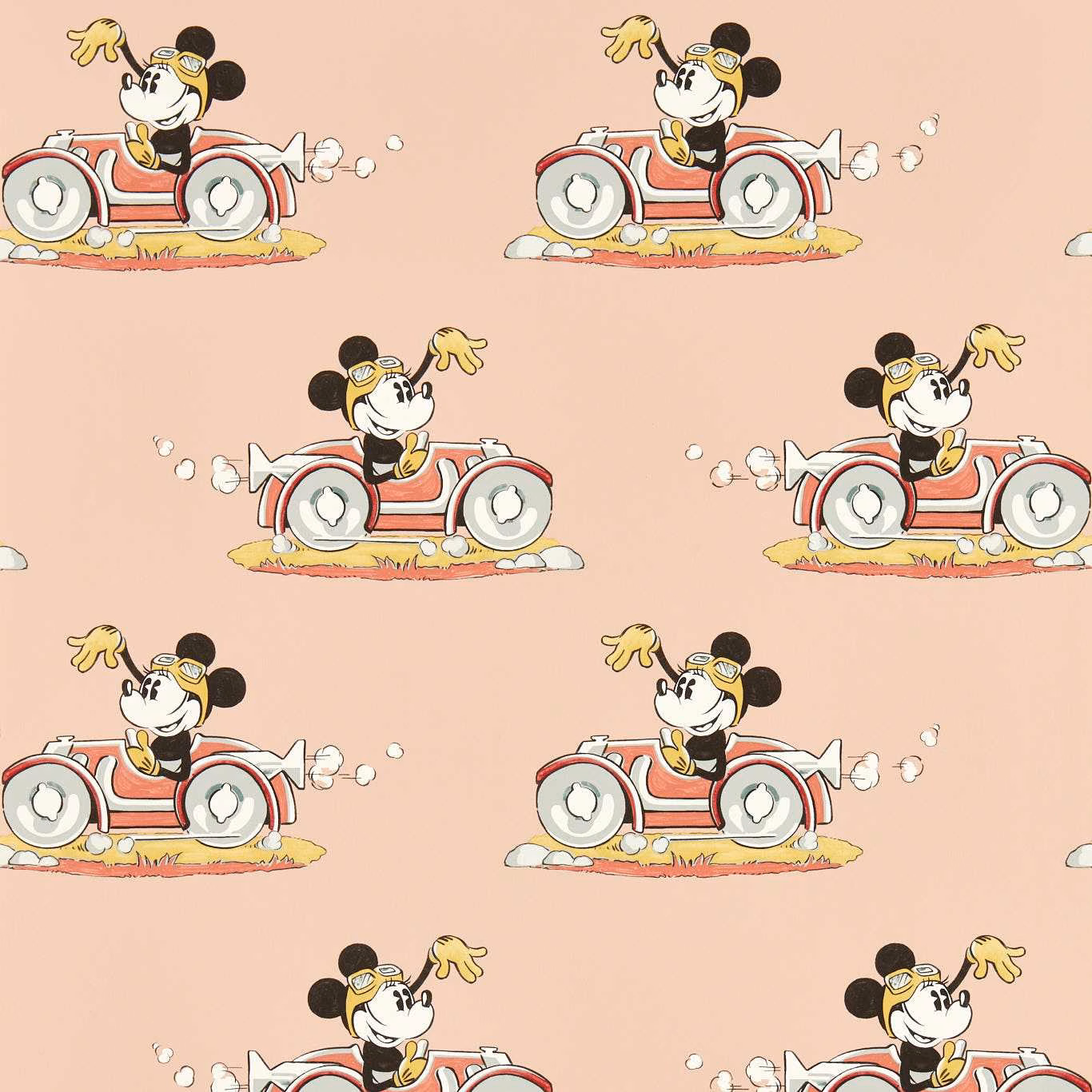 Candy-floss pink wallpaper with a cartoon mouse driving a red vintage car