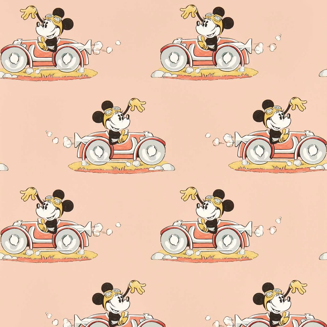 Candy-floss pink wallpaper with a cartoon mouse driving a red vintage car