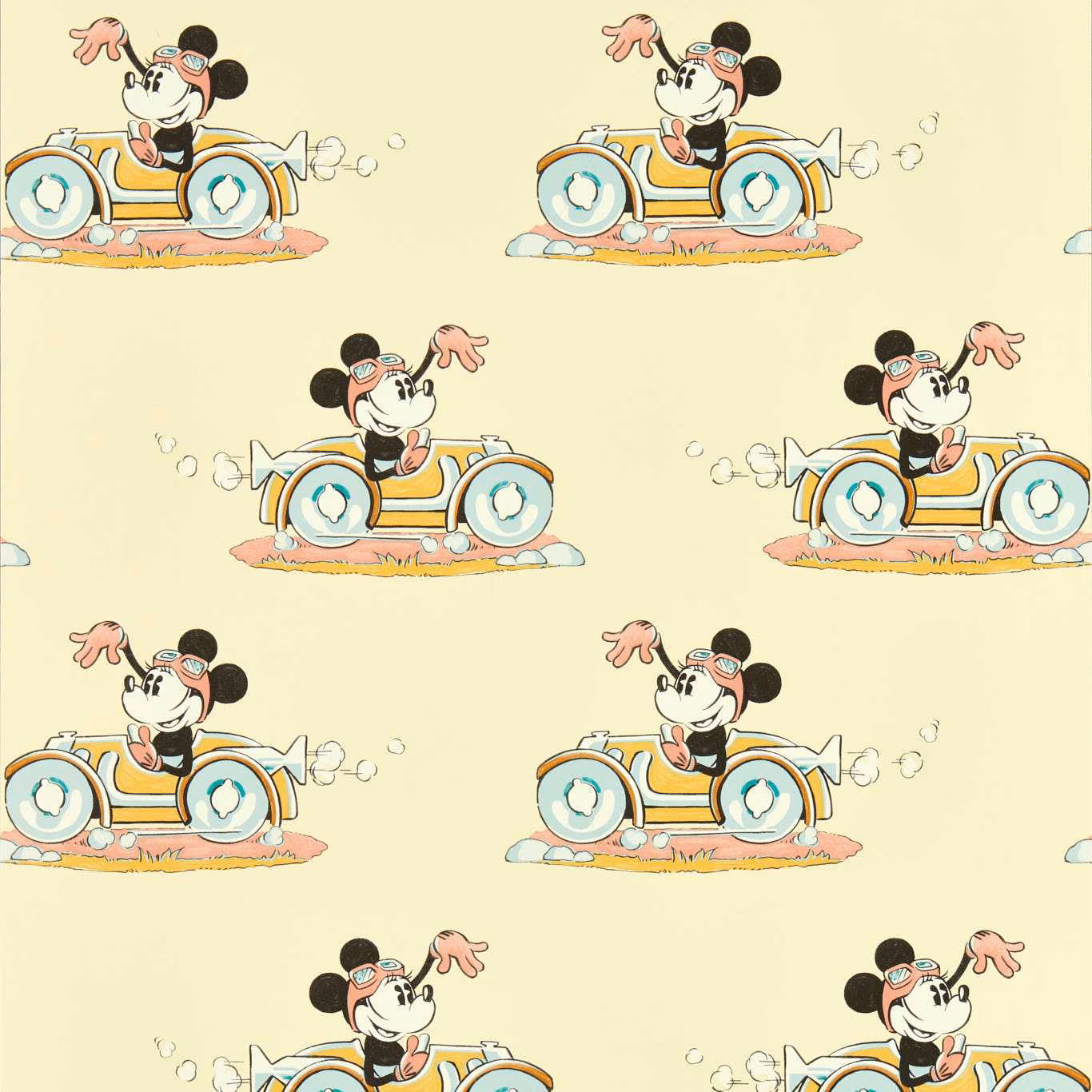 Pastel Minnie Mouse driving a vintage car across a pale sherbet ground