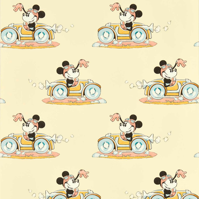Pastel Minnie Mouse driving a vintage car across a pale sherbet ground