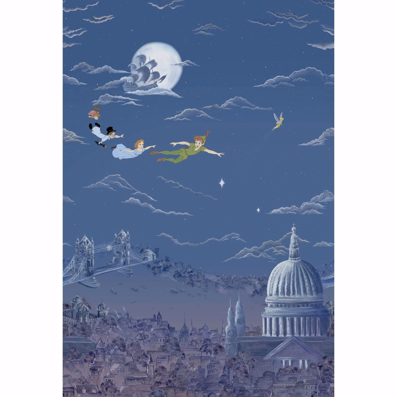 Evening-blue Peter Pan wallpaper with moonlit flight, clouds and London skyline