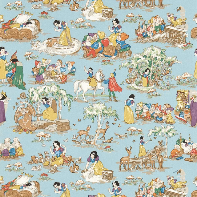 Pale blue Snow White scene wallpaper with woodland animals and storybook figures