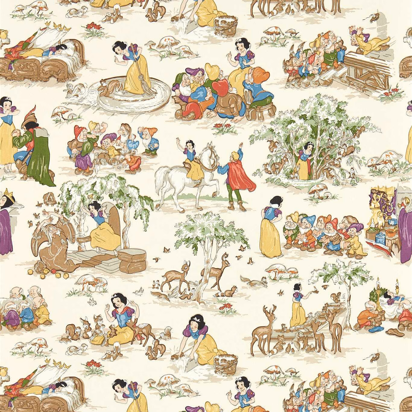 Warm cream wallpaper with Snow White, woodland animals and storybook scenes in colour