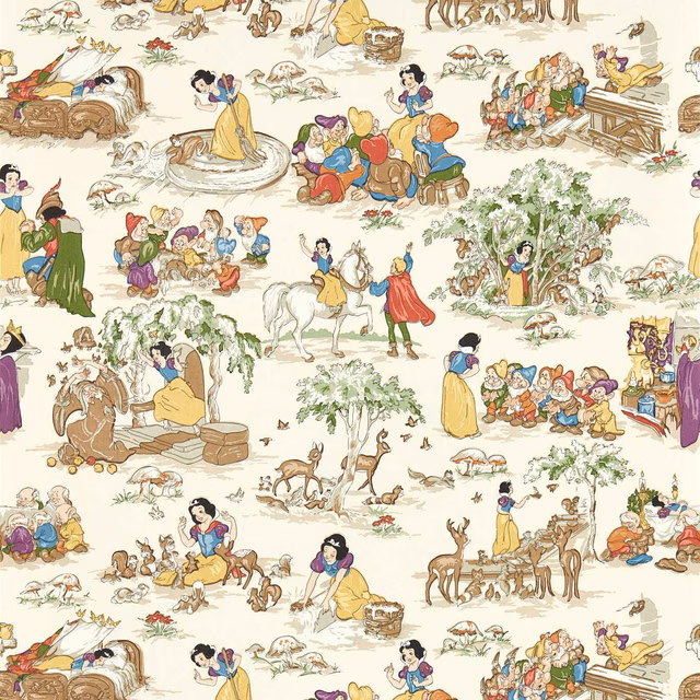 Warm cream wallpaper with Snow White, woodland animals and storybook scenes in colour