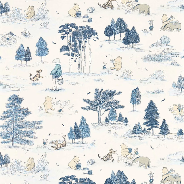 Blue-grey Winnie the Pooh woodland scenes scattered across a soft cream ground