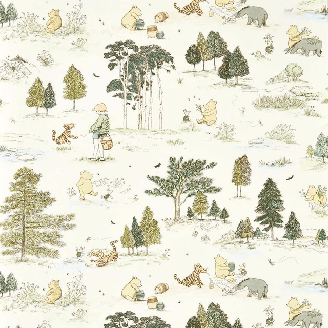 Pale green Winnie the Pooh woodland scenes with trees, friends and meadow details