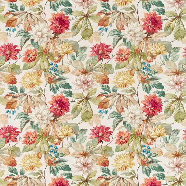 Painterly dahlia and rosehip floral fabric in warm russet, blush, sage and cream