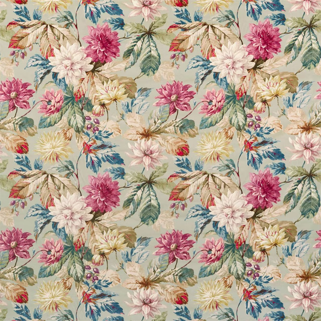 Painterly floral velvet with mulberry, pink, cream and teal blooms on a pale grey ground