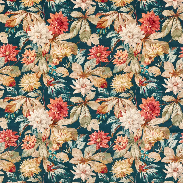Large floral velvet print with cream, russet and gold flowers on deep teal ground