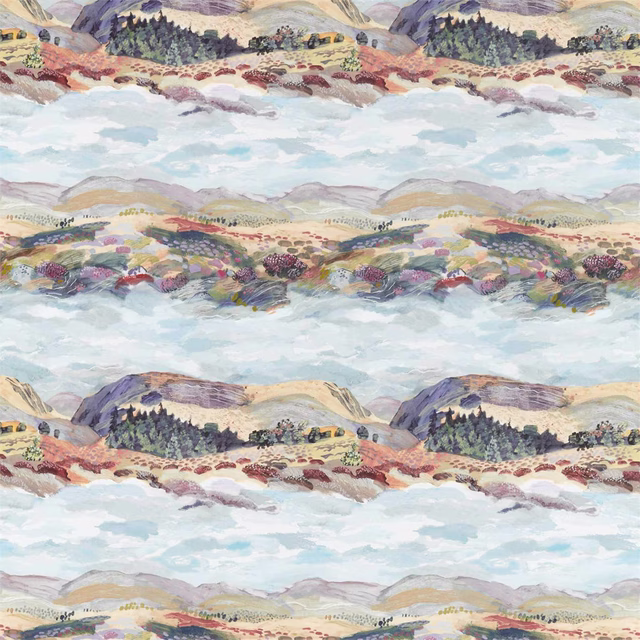 Painterly landscape fabric with lavender hills, blush fields and pale blue sky bands