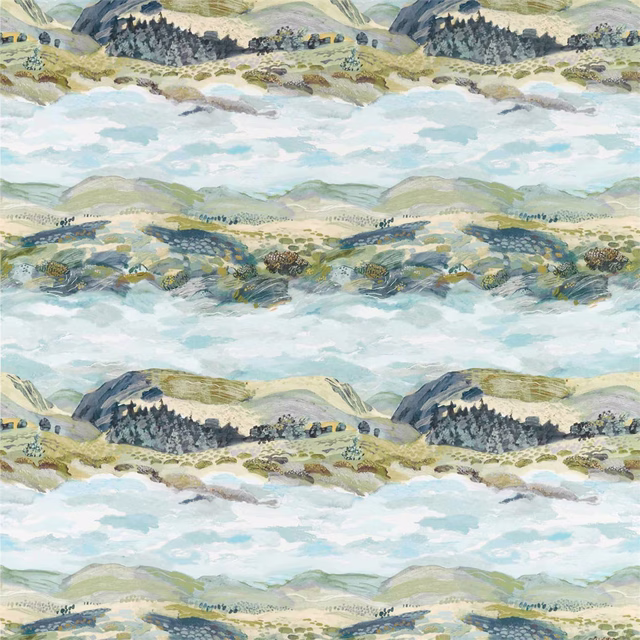 Painterly coastal landscape fabric in soft blue, green and sandy tones