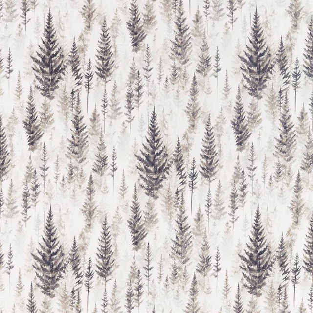 Ivory fabric with scattered taupe and charcoal fir-tree silhouettes, soft woven texture