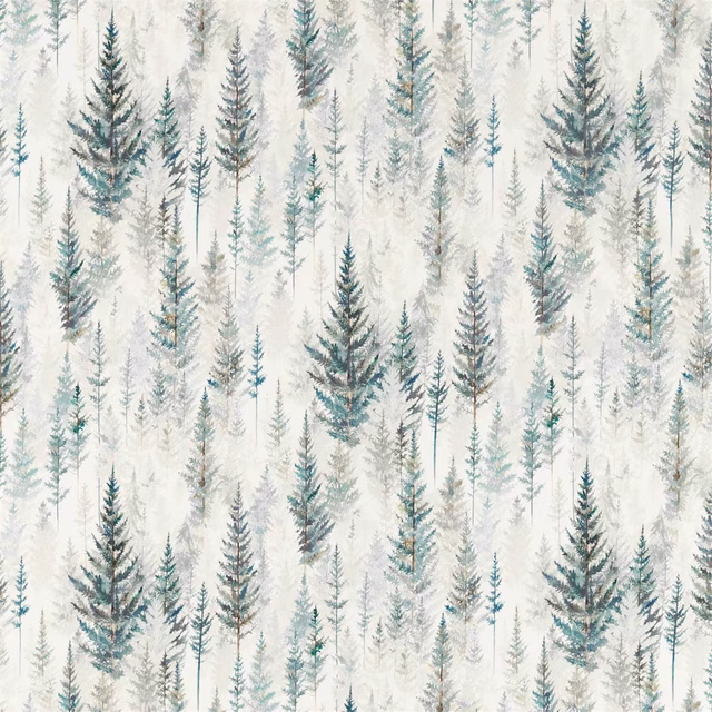 Pale woodland print with layered pine and teal fir trees on an ivory ground