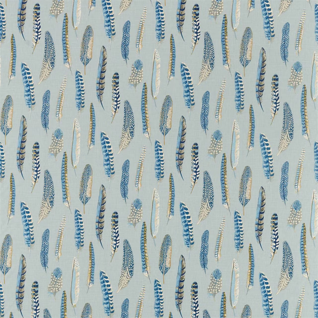 Light aqua fabric with scattered indigo and silver feather motifs