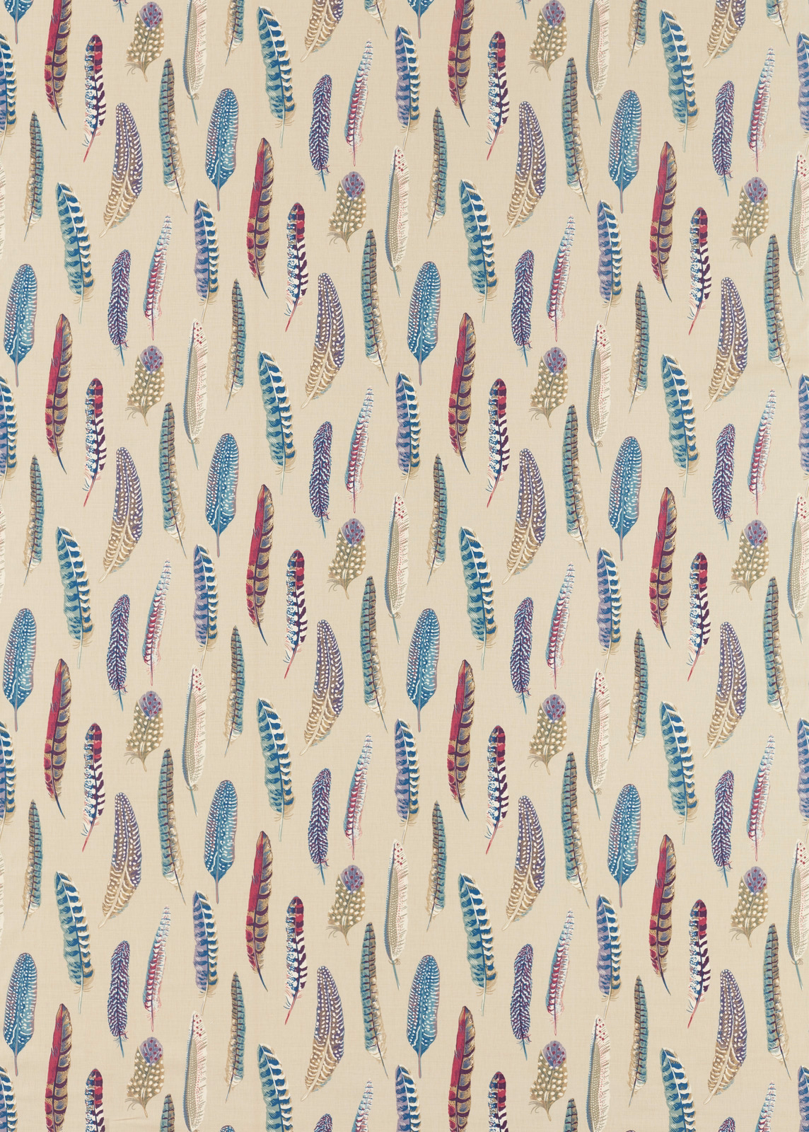 Cream fabric scattered with slim feather motifs in teal, mulberry and fig
