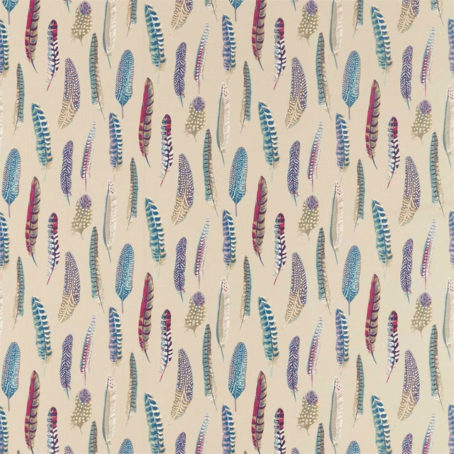 Cream fabric scattered with slim feather motifs in teal, mulberry and fig
