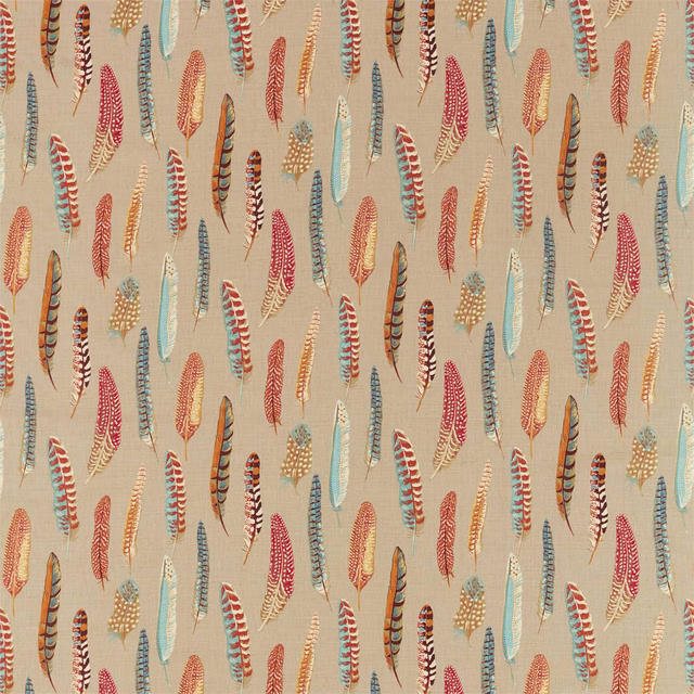 Beige Sanderson fabric with scattered teal, russet and cream feather motifs