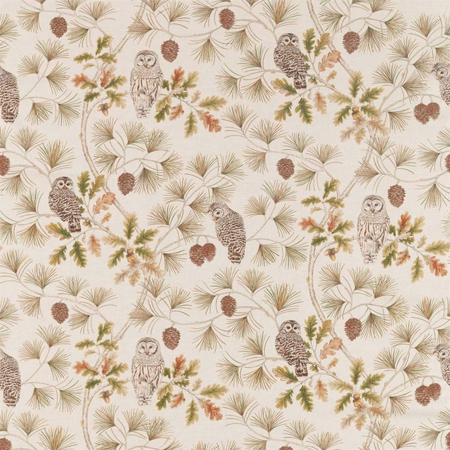 Cream-beige fabric with owls, pine fronds and cones in earthy woodland tones