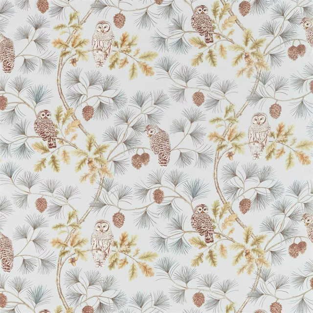 Printed owl and pine branch fabric on a pale Whitstable blue ground