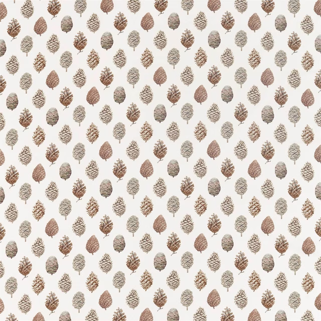 All-over pinecone motif in briarwood brown and cream on a pale ground